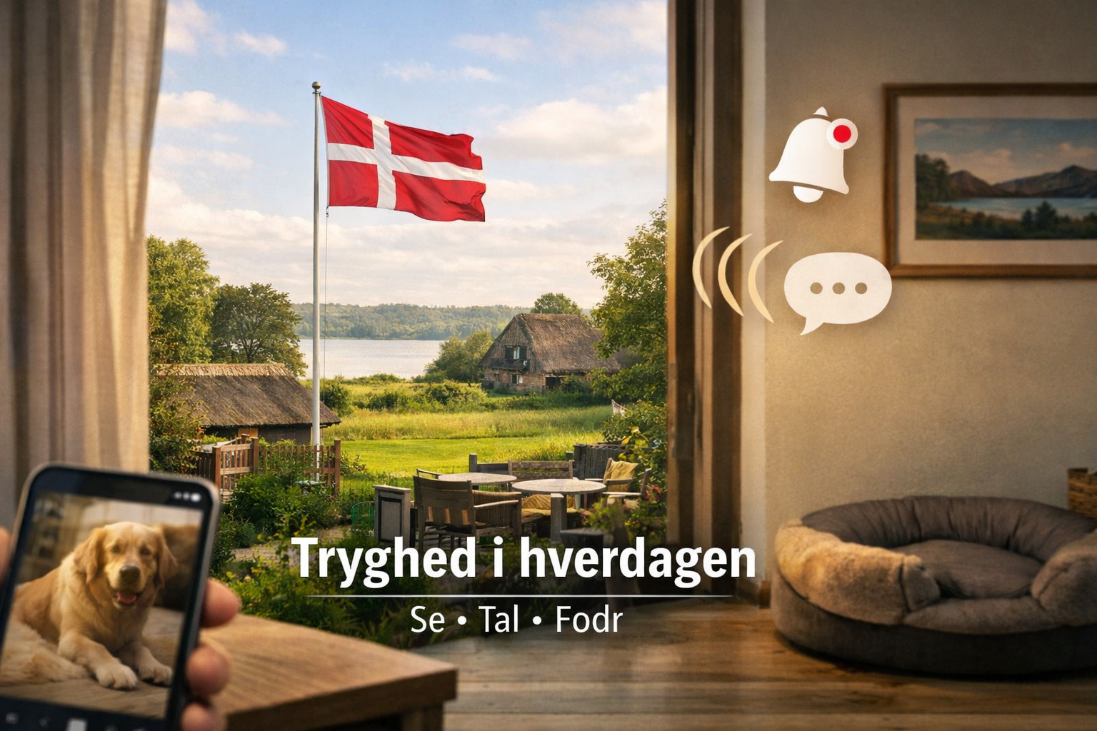 Indendørs i dansk hjem som illustrerer Hund kamera