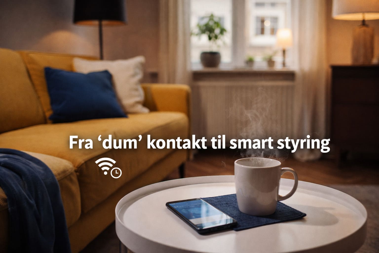 Hyggelig stue med gul sofa, dampende kaffekop og smartphone på bordet, teksten “Fra ‘dum’ kontakt til smart styring” samt ikon for WiFi og tidsplan og intelligent stikkontakt.