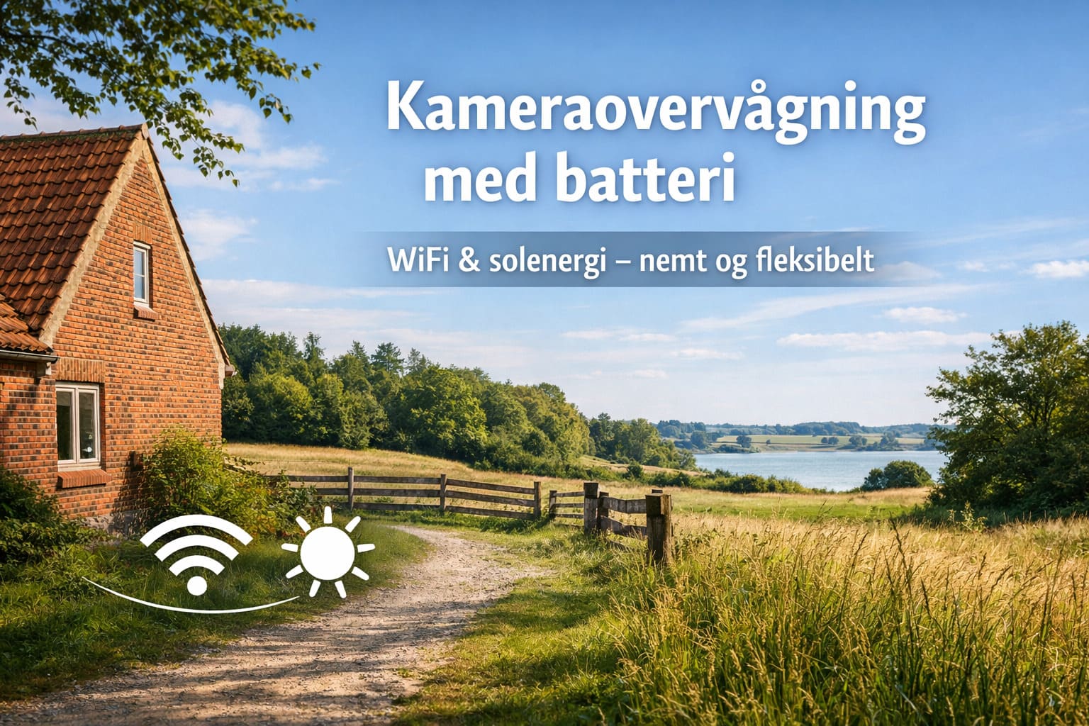 Sommerligt landskab ved dansk murstenshus med sti, marker og vand i baggrunden, teksten “Kamera overvågning batteri” og “WiFi & solenergi – nemt og fleksibelt” samt ikoner for WiFi og sol.