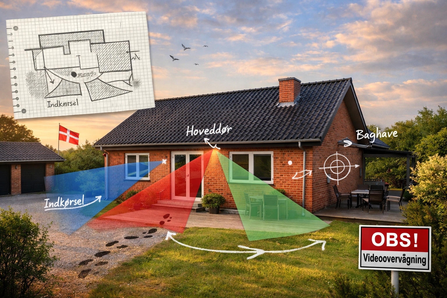 Illustration af der viser optimal montering af videoovervågning på dansk hus