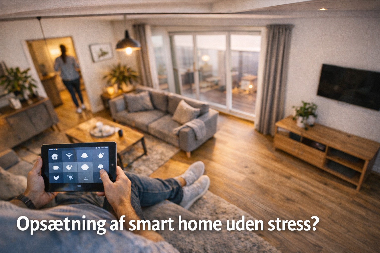 billede af en mand der sidder i sofa og er i gang med opsætning af smart home