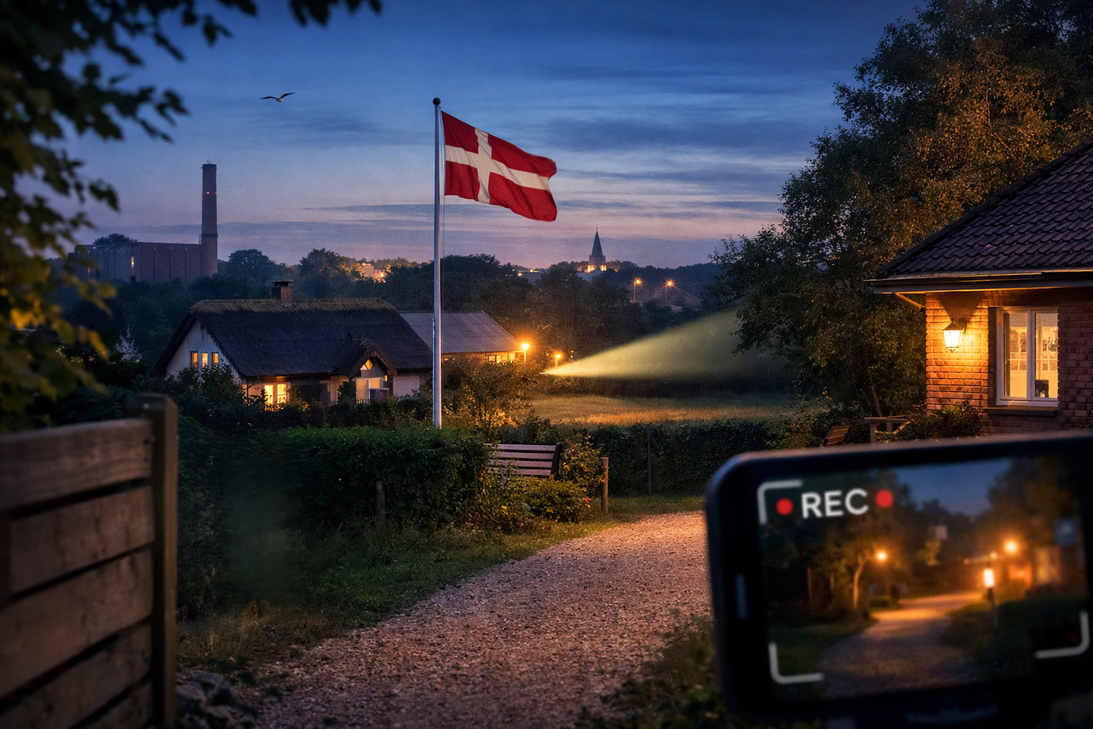 Billede med dansk have foran hus og hånd med smartphone Overvågningskamera pris