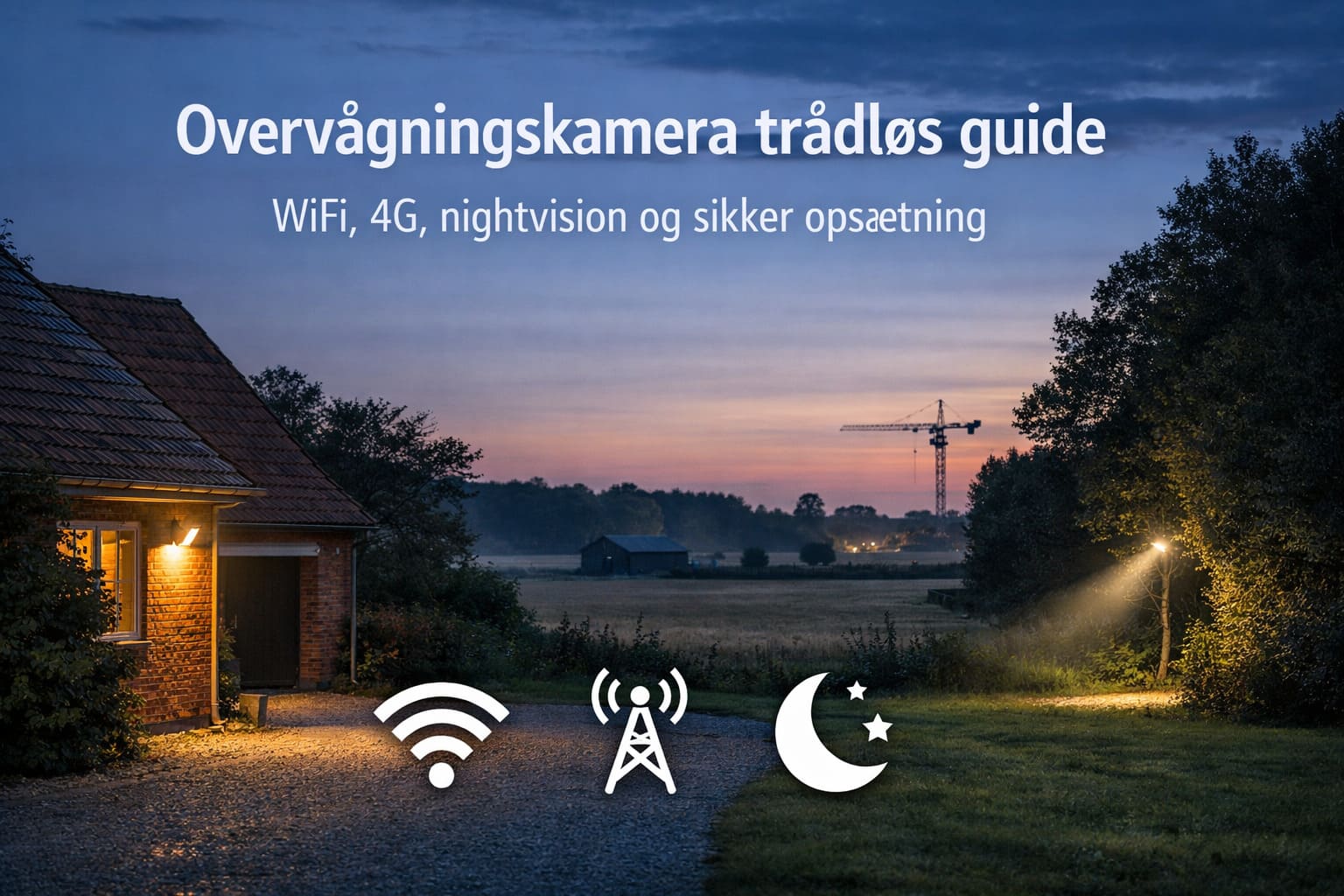 Aftenstemning ved dansk hus og mark med teksten “Overvågningskamera trådløs guide” og “WiFi, 4G, nightvision og sikker opsætning” samt ikoner for WiFi, 4G og nat.