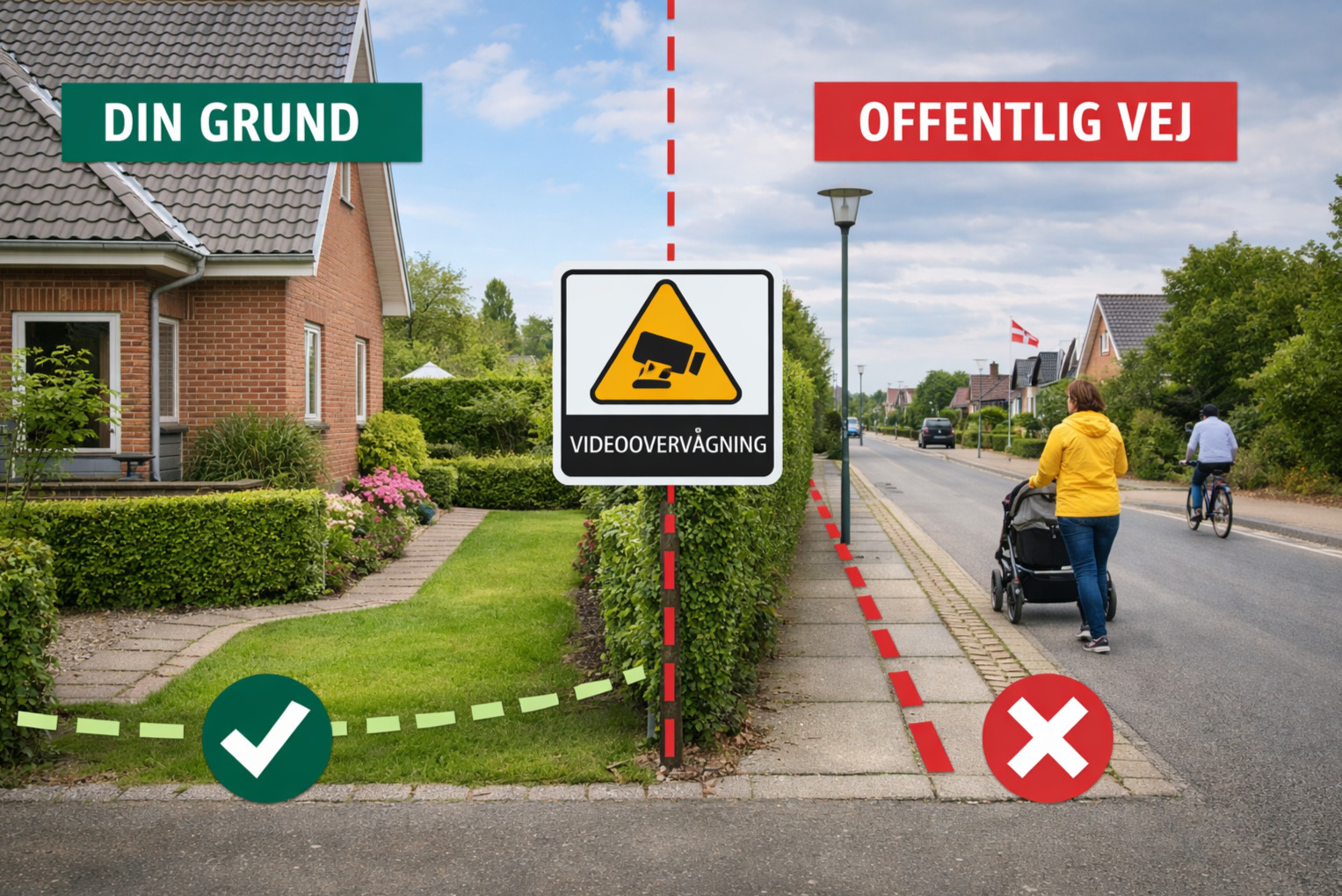 Illustration af dansk hus på parcelvej som med grafik viser overvågningskamera udendørs regler for overvågning