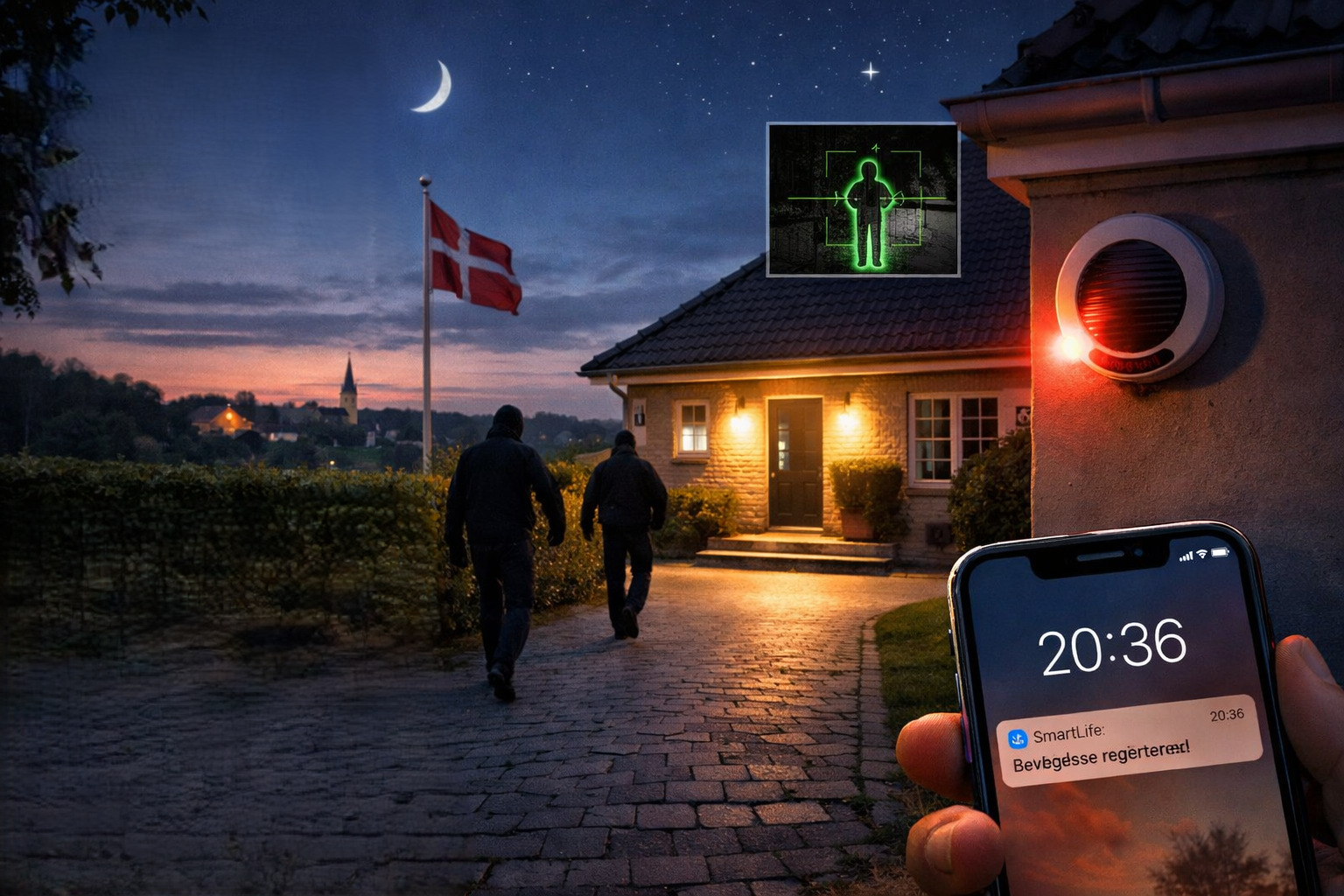 Illustration af dansk hus og overvågningskamera med indbrudstyv som illustrerer overvågningsudstyr privat