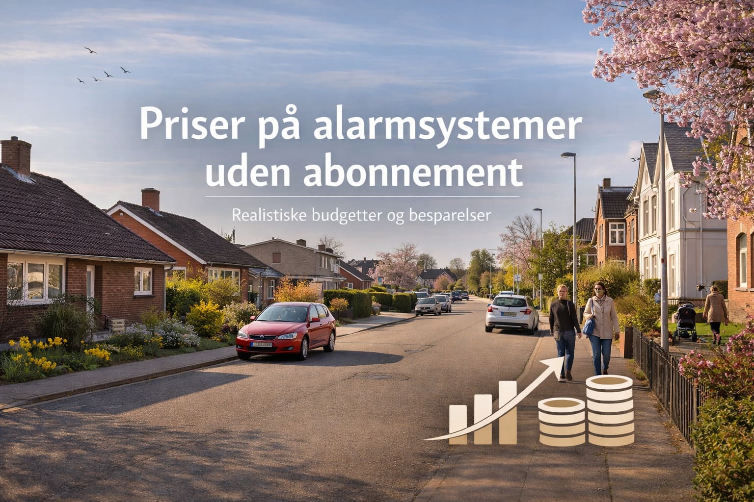 Solrig dansk villavej i foråret med biler og fodgængere, teksten “Priser på alarmsystemer uden abonnement” og “Realistiske budgetter og besparelser” samt ikon med søjlediagram og mønter.