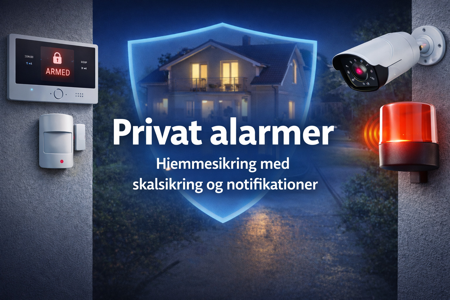 billedet illustrerer privat alarmer med kameraer og skalsikring ikon