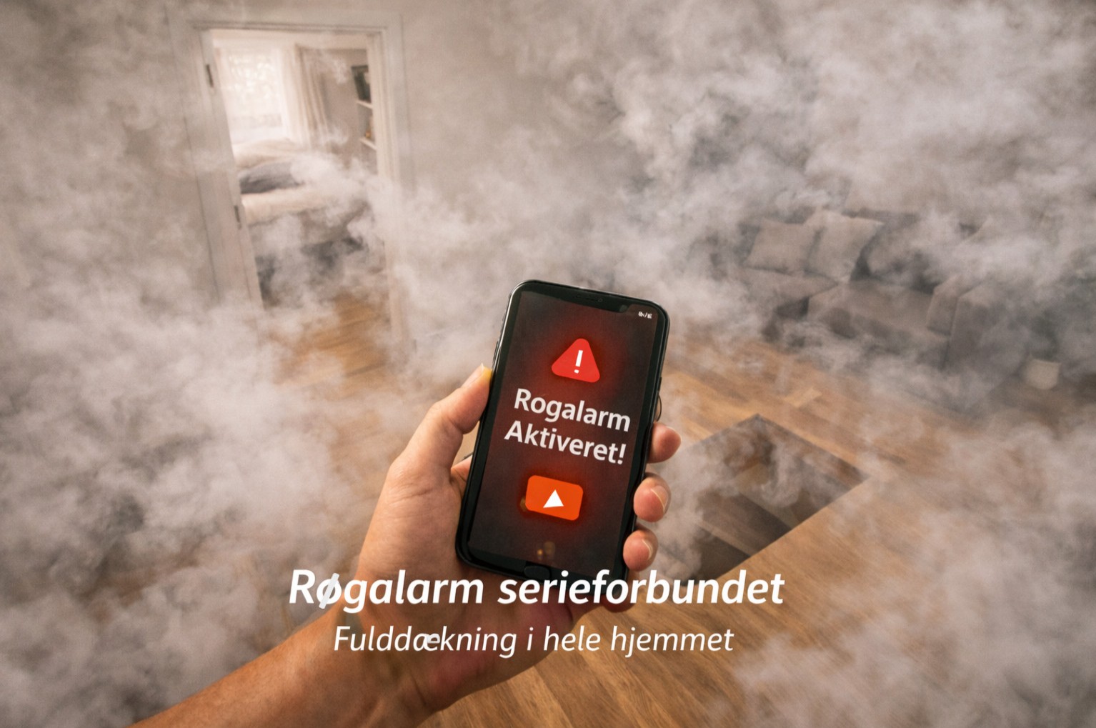 billede der illustrerer røgalarm serieforbundet i et rum fuld af røg og en telefon med alarm