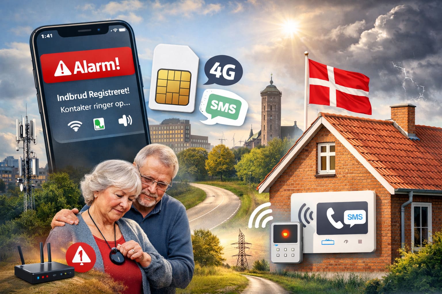 SIM kort til alarm illustration af smartphone, hus, ældre ægtepar og simkort