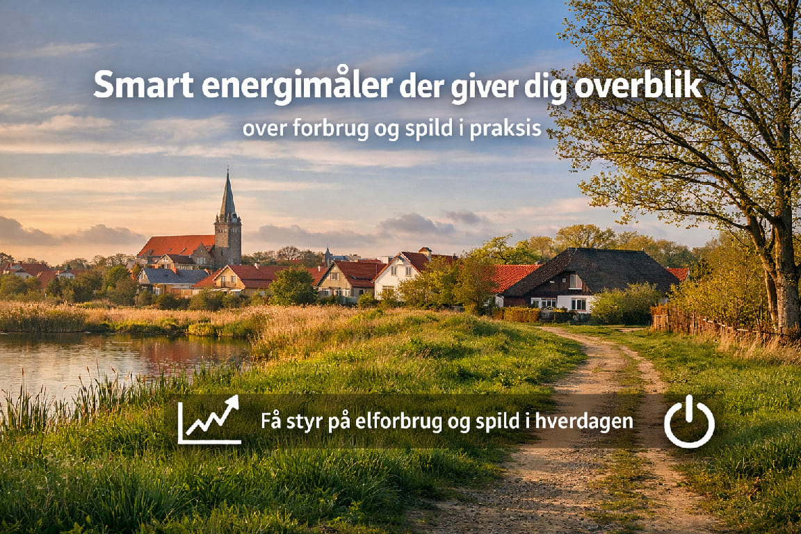 Dansk landsby ved sø med kirketårn og sti. Tekst: “Smart energimåler der giver dig overblik over forbrug og spild i praksis” samt “Få styr på elforbrug og spild i hverdagen”.