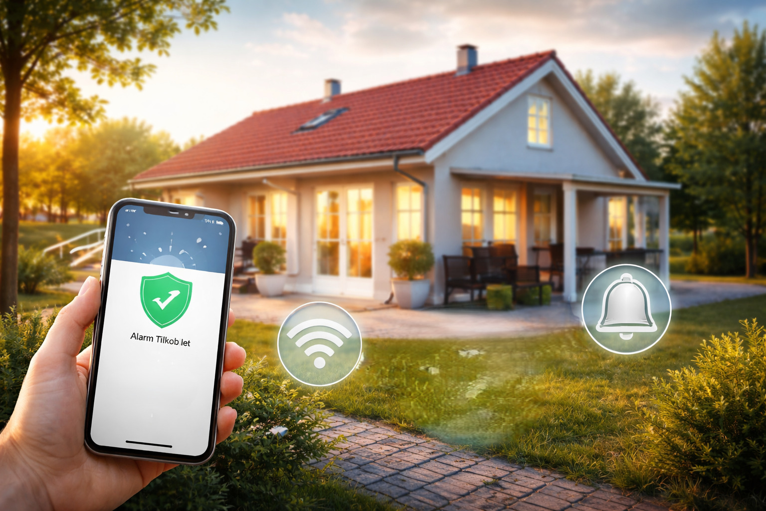 Illustration af dansk hus og smartphone der viser Smart home alarm uden abonnement