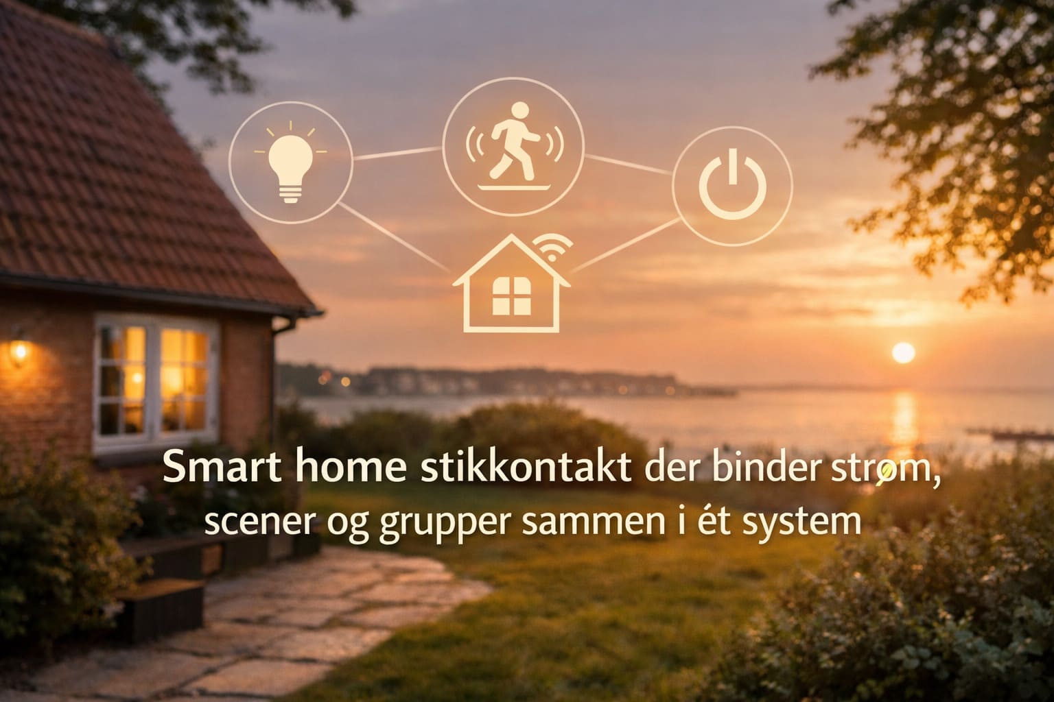 Sommerhus ved kyst i solnedgang med smart home-grafik koblet til lys, bevægelse og tænd/sluk. Tekst: “Smart home stikkontakt der binder strøm, scener og grupper sammen i ét system”.