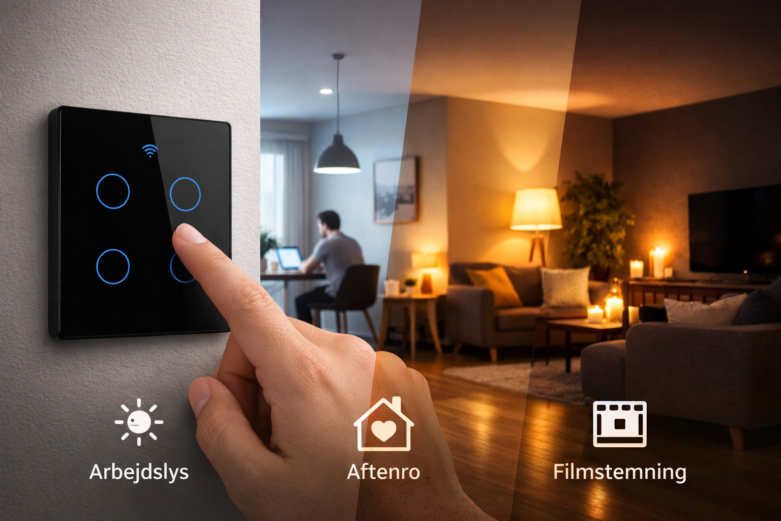 Smart lyskontakt med nulleder med scenerne arbejdslys, aftenro og filmstemning
