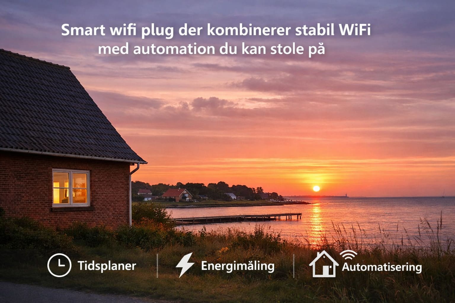 Kysthus ved solnedgang med tekst: “Smart wifi plug der kombinerer stabil WiFi med automation du kan stole på” og ikoner: “Tidsplaner”, “Energimåling”, “Automatisering”.