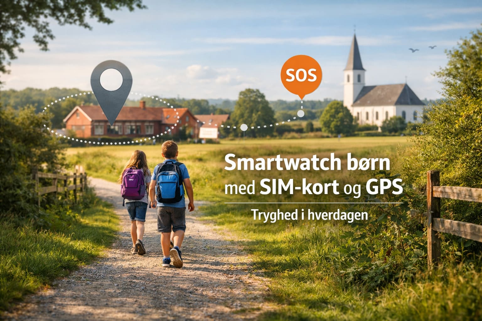 To skolebørn går på grussti i dansk landskab med GPS-pin og SOS-grafik. Tekst: “Smartwatch børn med SIM-kort og GPS – Tryghed i hverdagen”.