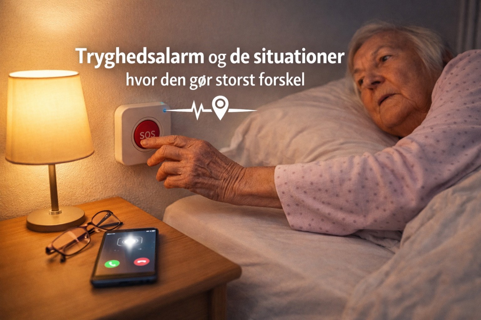 billedet viser en ældre dame i sengen med en tryghedsalarm med sos knap hun trykker på