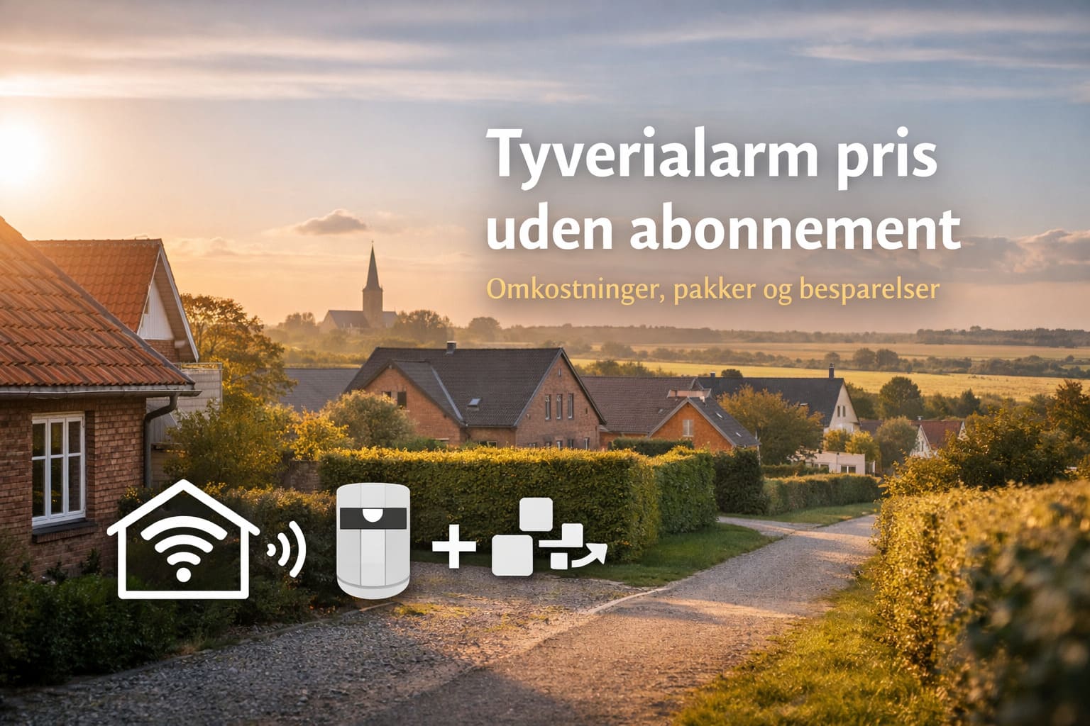 Dansk bylandskab i solnedgang med ikoner for WiFi-hjem, sensor og automatisering. Tekst: “Tyverialarm pris uden abonnement – Omkostninger, pakker og besparelser”.