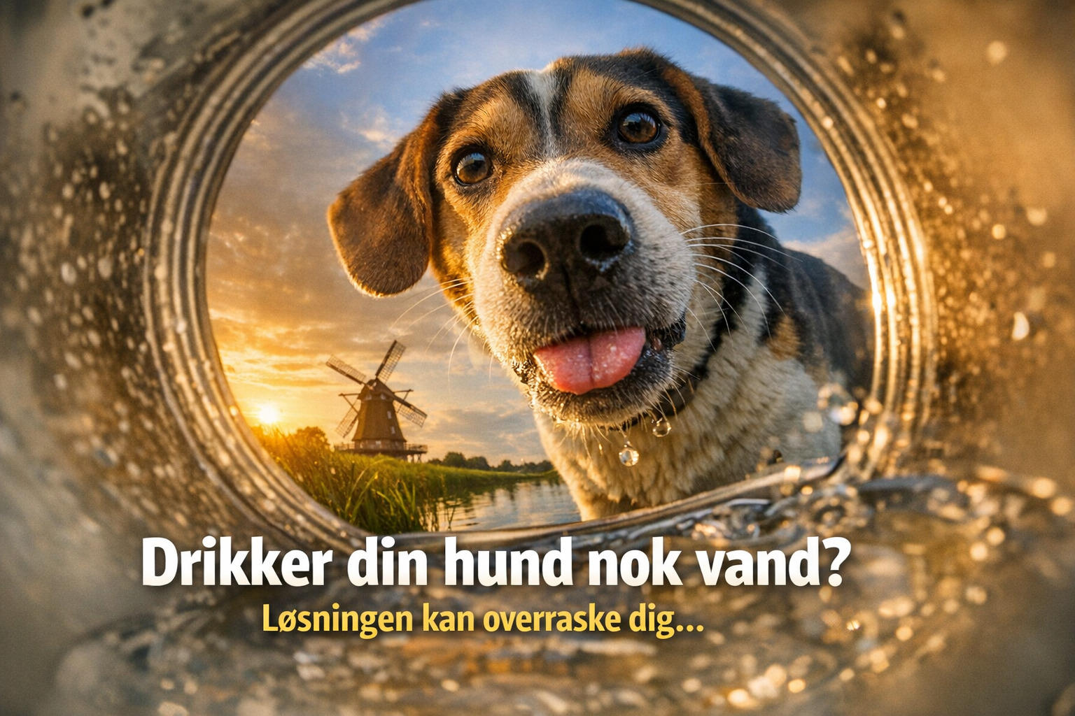 billede af en tørstig hund der kigger ned i en vandfontæne til hund