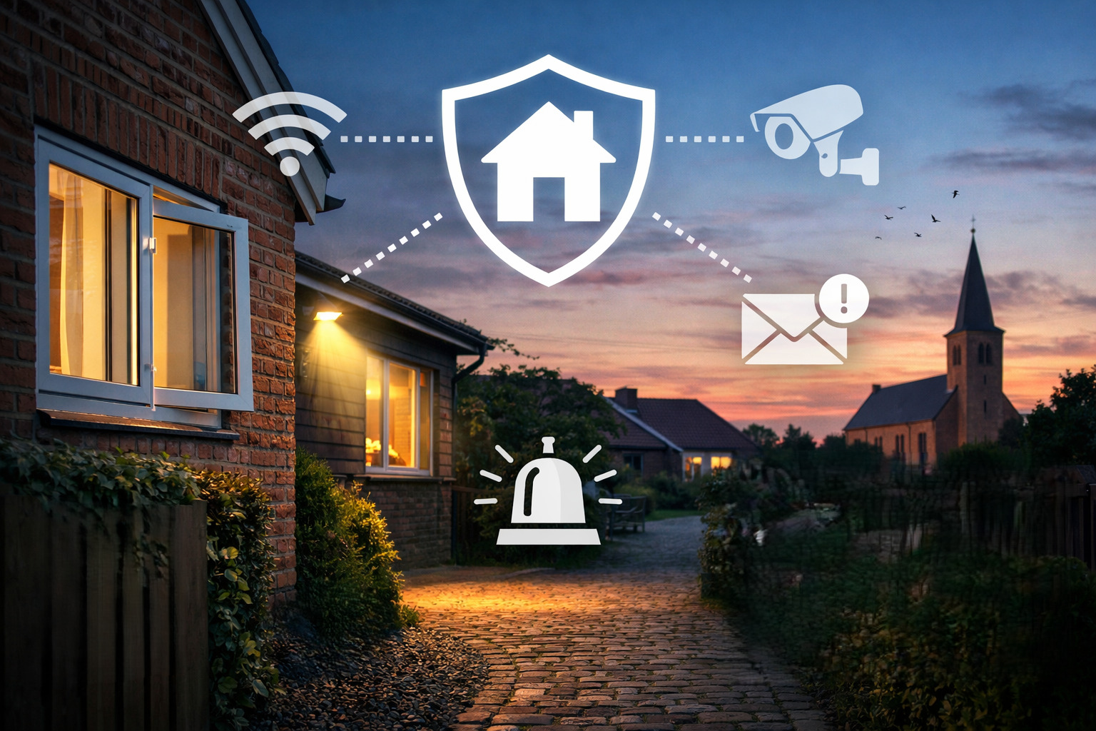 Dansk hus med åbne vinduer og ikon overlay som illustrerer vinduesikring