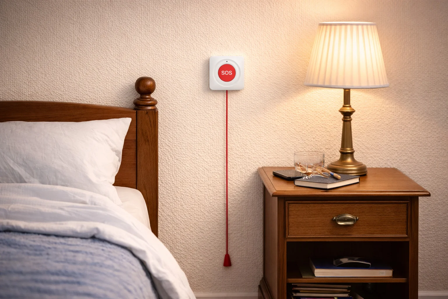 WiFi SOS alarm knap med træksnor på væg i soveværelse