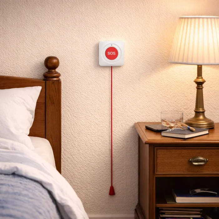 SOS-knap ved sengekant med lampe