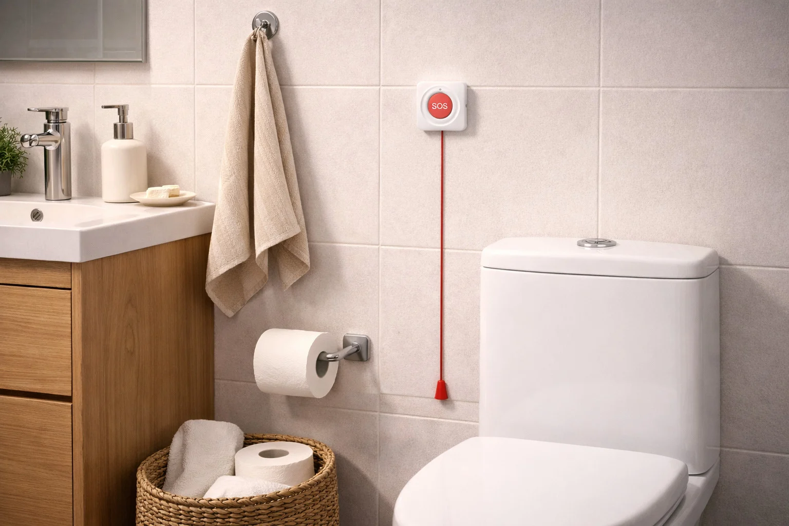 WiFi SOS alarm knap med træksnor på væg i badeværelse