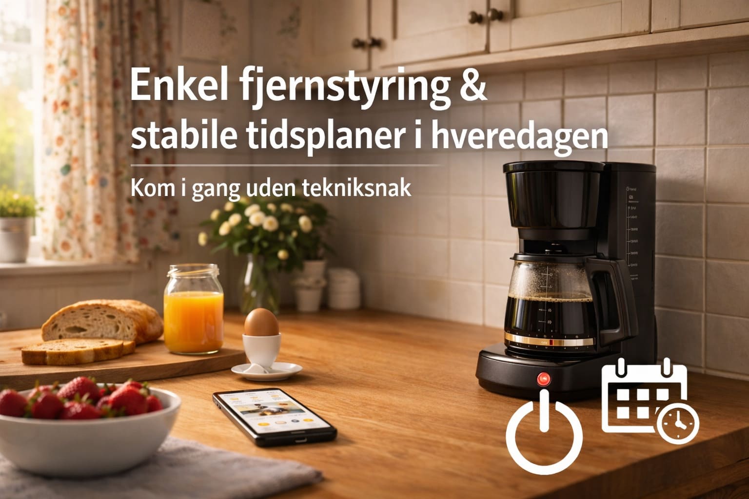 Køkkenbord med kaffemaskine, morgenmad og mobil samt ikoner for WiFi plug, tænd/sluk og kalender. Tekst: “Enkel fjernstyring & stabile tidsplaner i hverdagen – Kom i gang uden tekniksnak”.