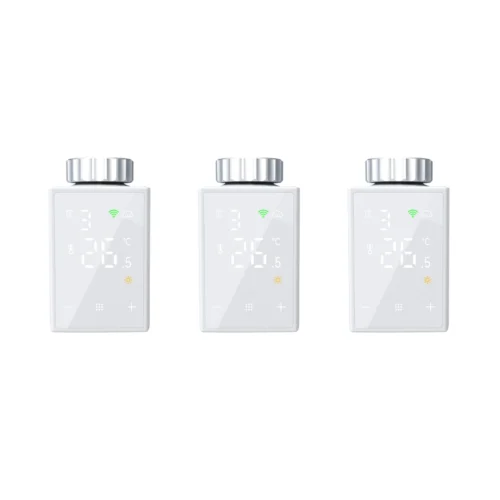 billedet viser en 3 pak smart WiFi radiator termostat med display