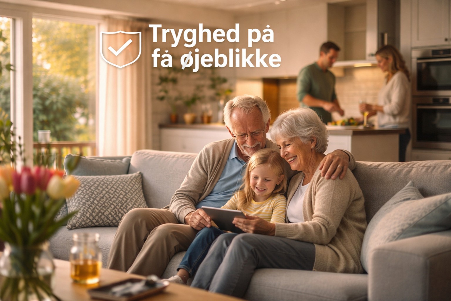 billedet viser en familie i tryghed i hjemmet grundet 4g tryghedsalarm