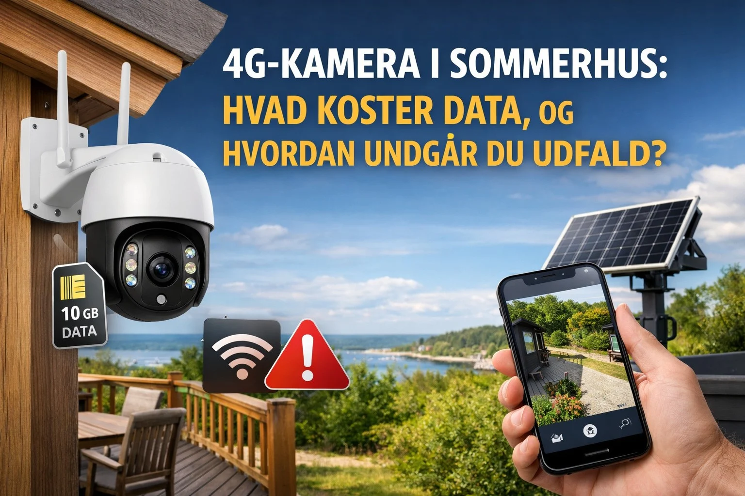 billedet viser en 4g kamera data monteret på sommerhus med gratis app på smartphone