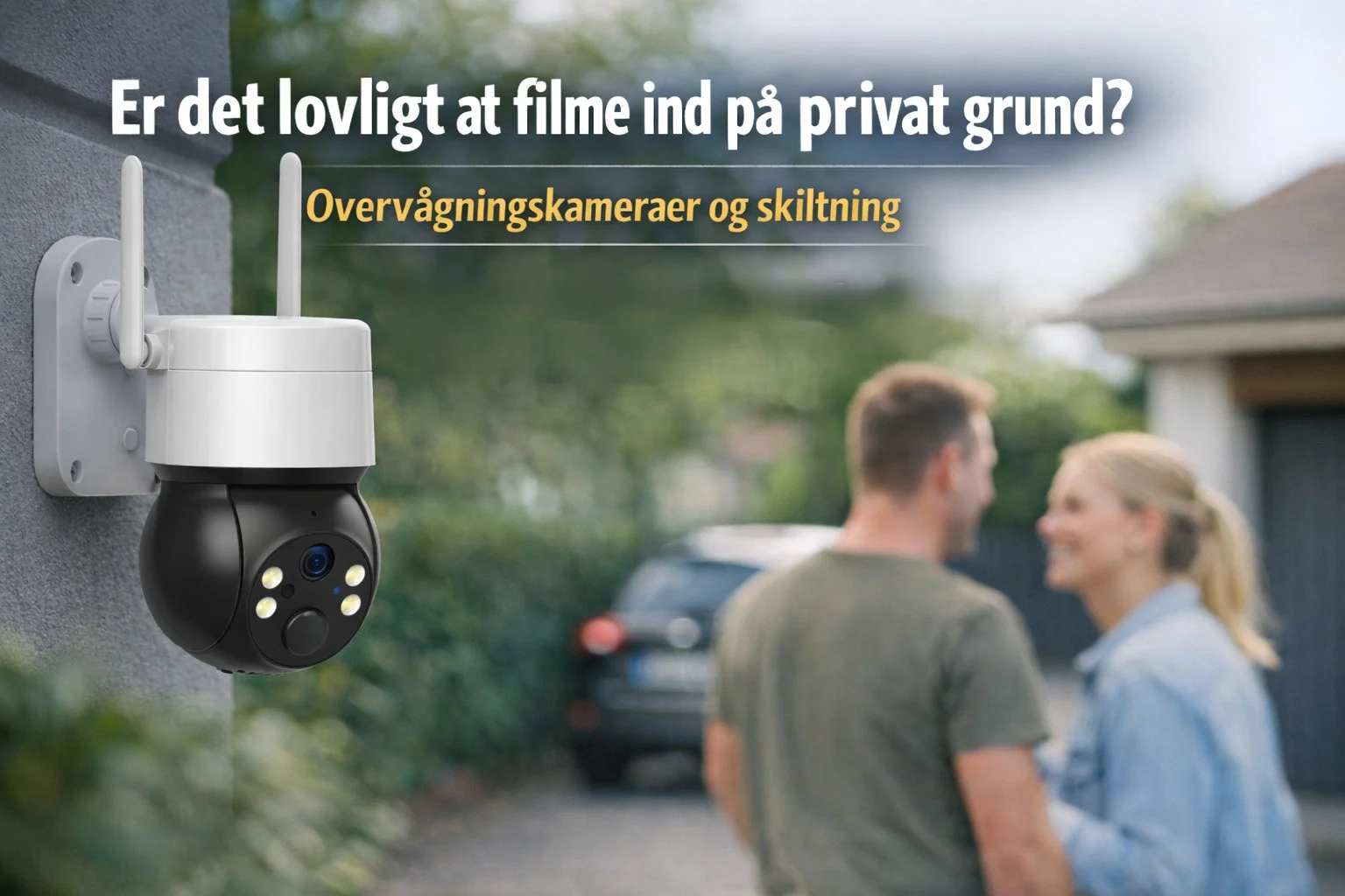 billedet viser et udendørs overvågningskamera og omhandler spørgsmålet Er det lovligt at filme ind på privat grund