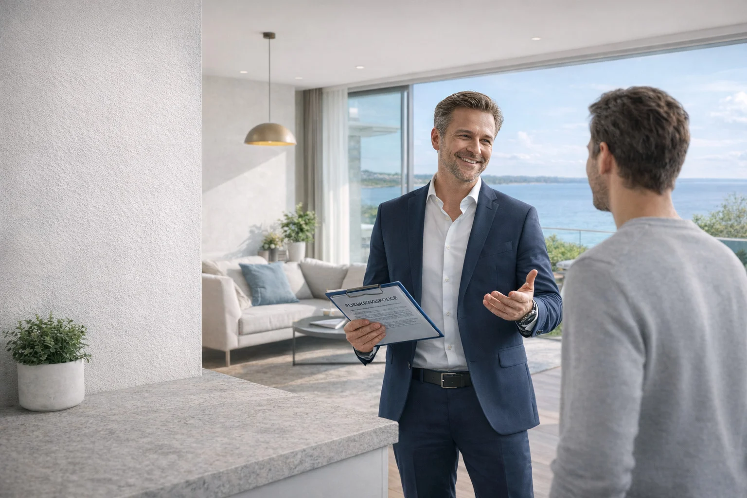 billedet viser to mænd i gang med at diskuterer Er forsikring billigere med alarm