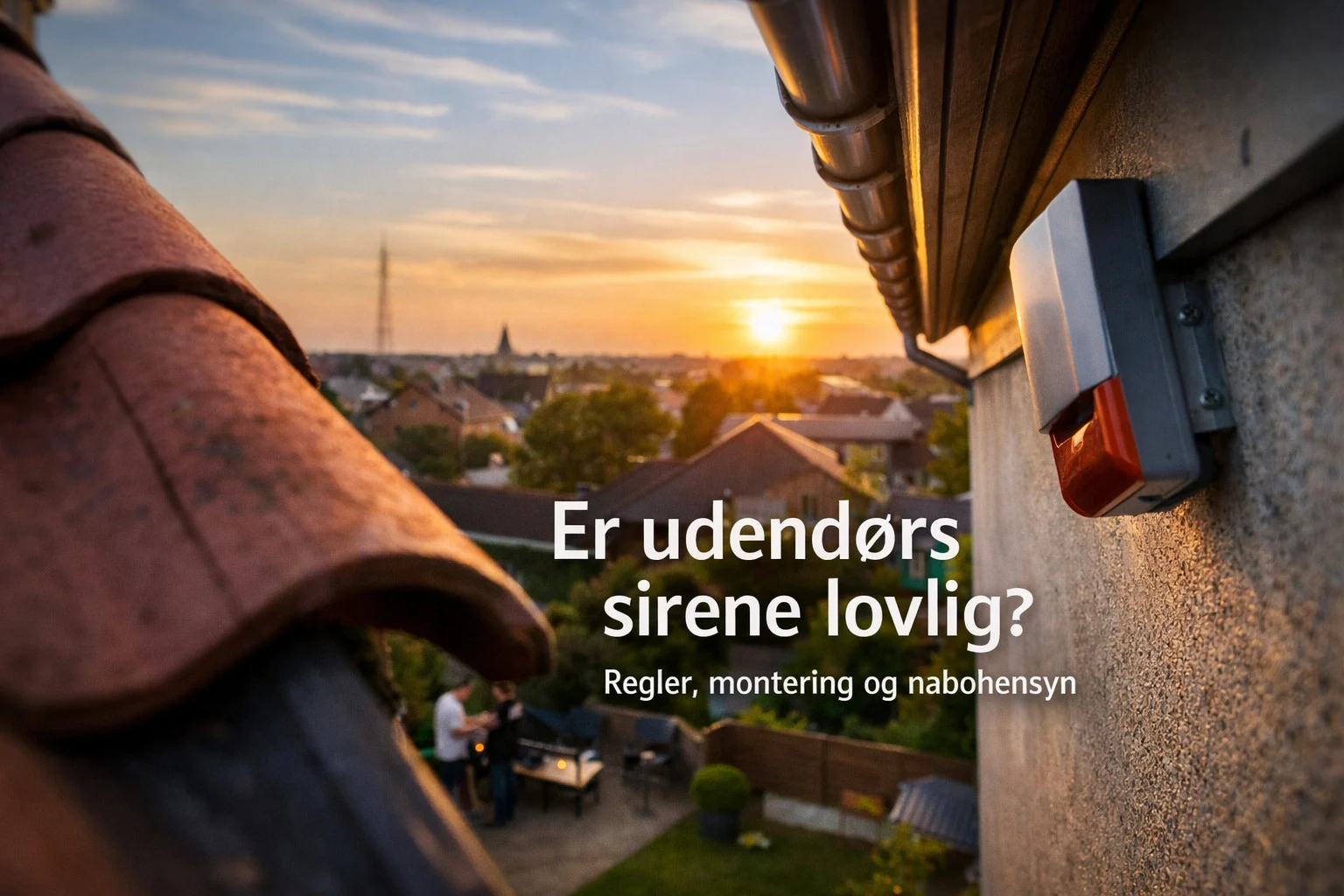billedet viser en sirene montering udendørs højt på bygning og omhandler Er udendørs sirene lovlig