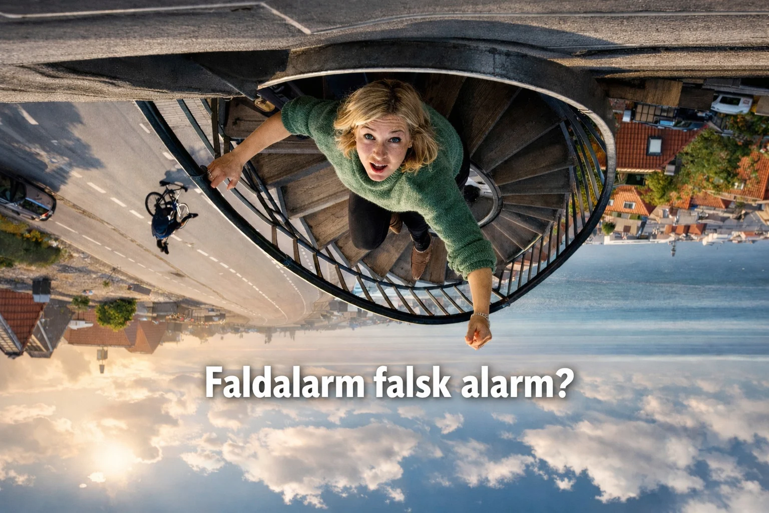 billedet viser en forundret kvinde set fra oven og illustrerer Faldalarm falsk alarm