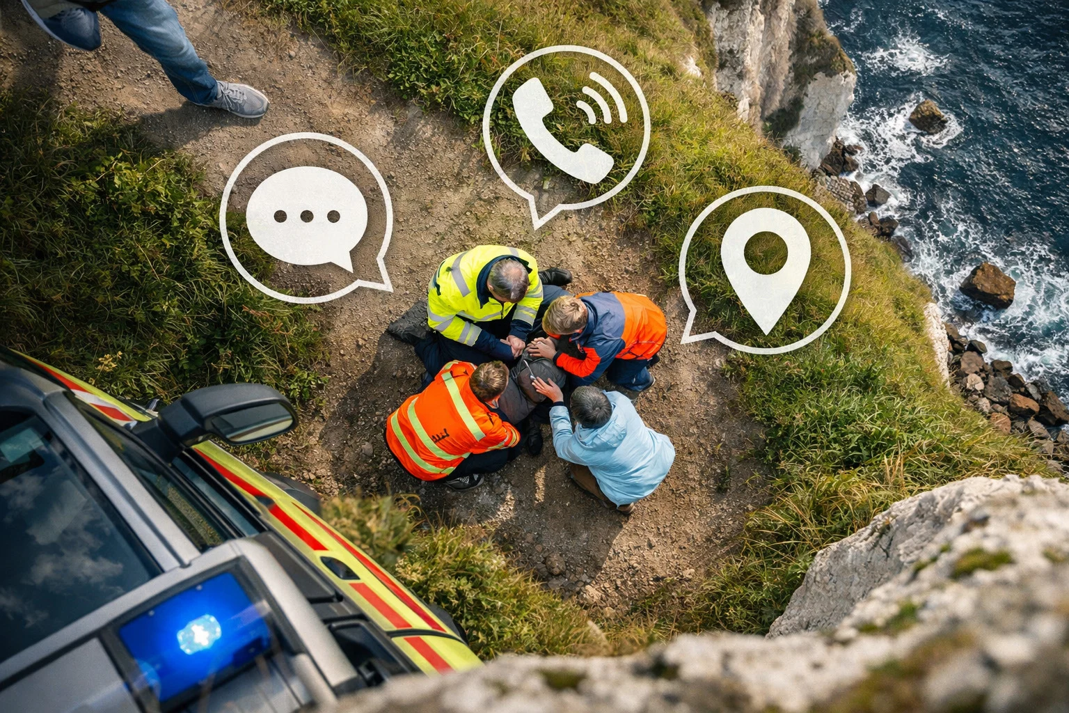 billedet viser en person der er faldet om og har tilkaldt hjælp med Faldalarm opkald