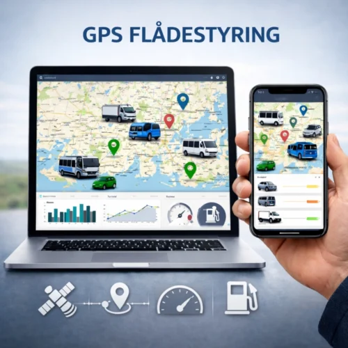 billedet viser en computer og smart styring der omhandler GPS flådestyring til PC og app