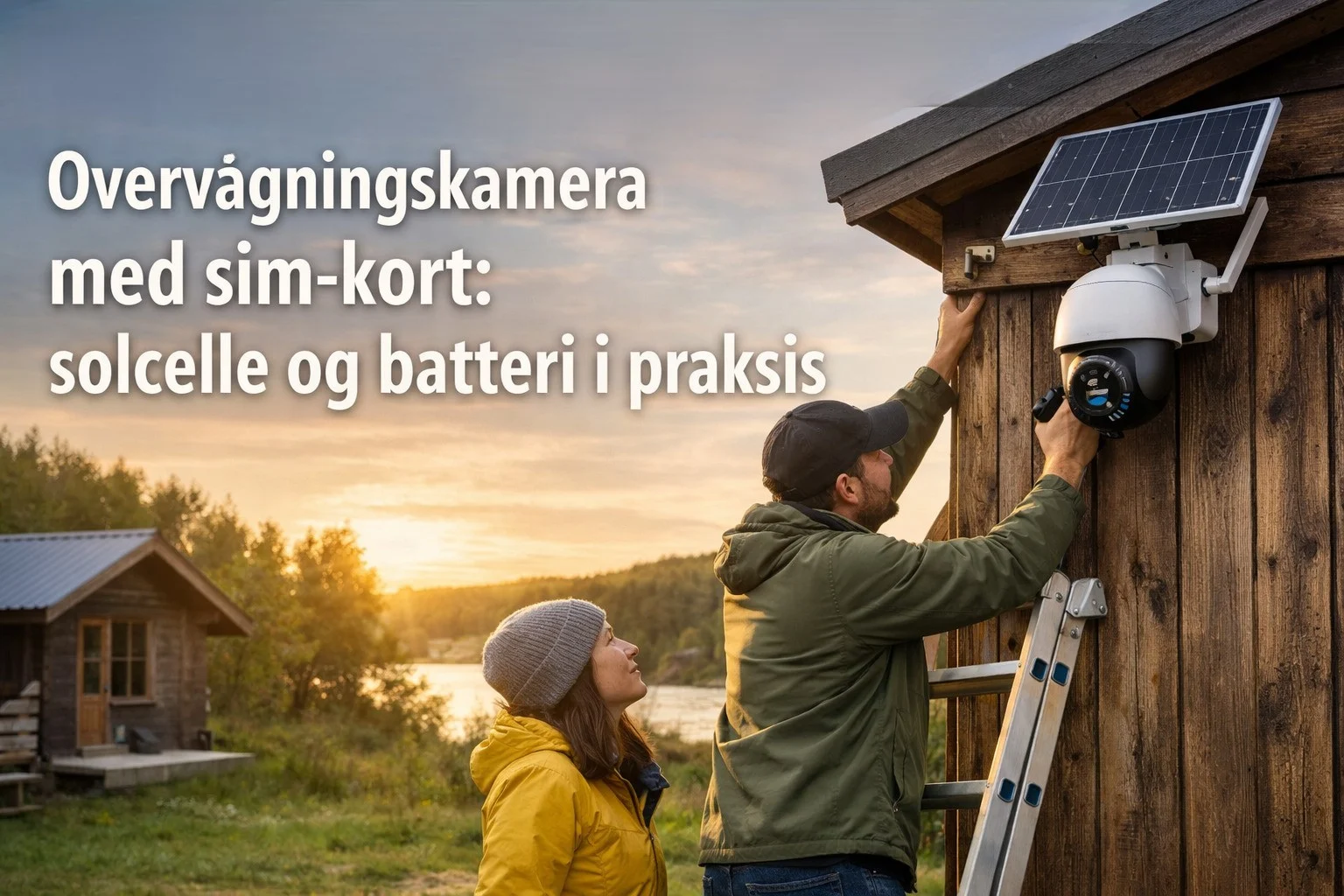 billedet viser et par i gang med at montere overvågningskamera med sim-kort udendørs