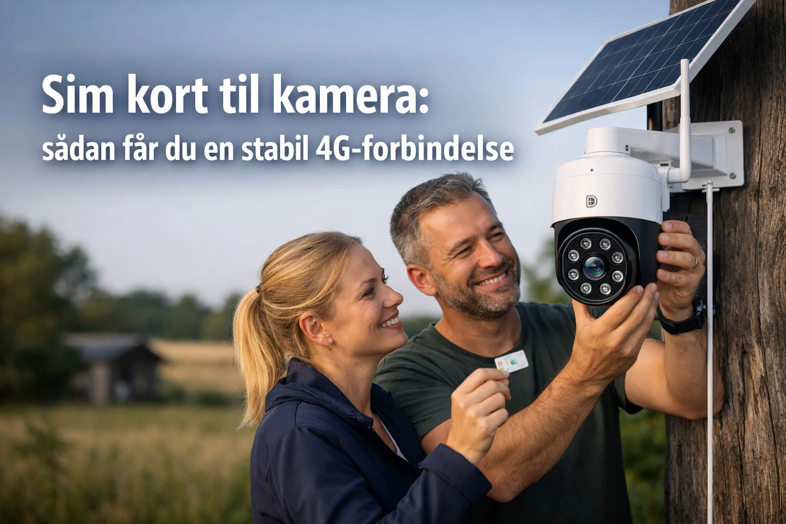 billedet viser et par i gang med at montere udendørs overvågningskamera med sim kort til kamera