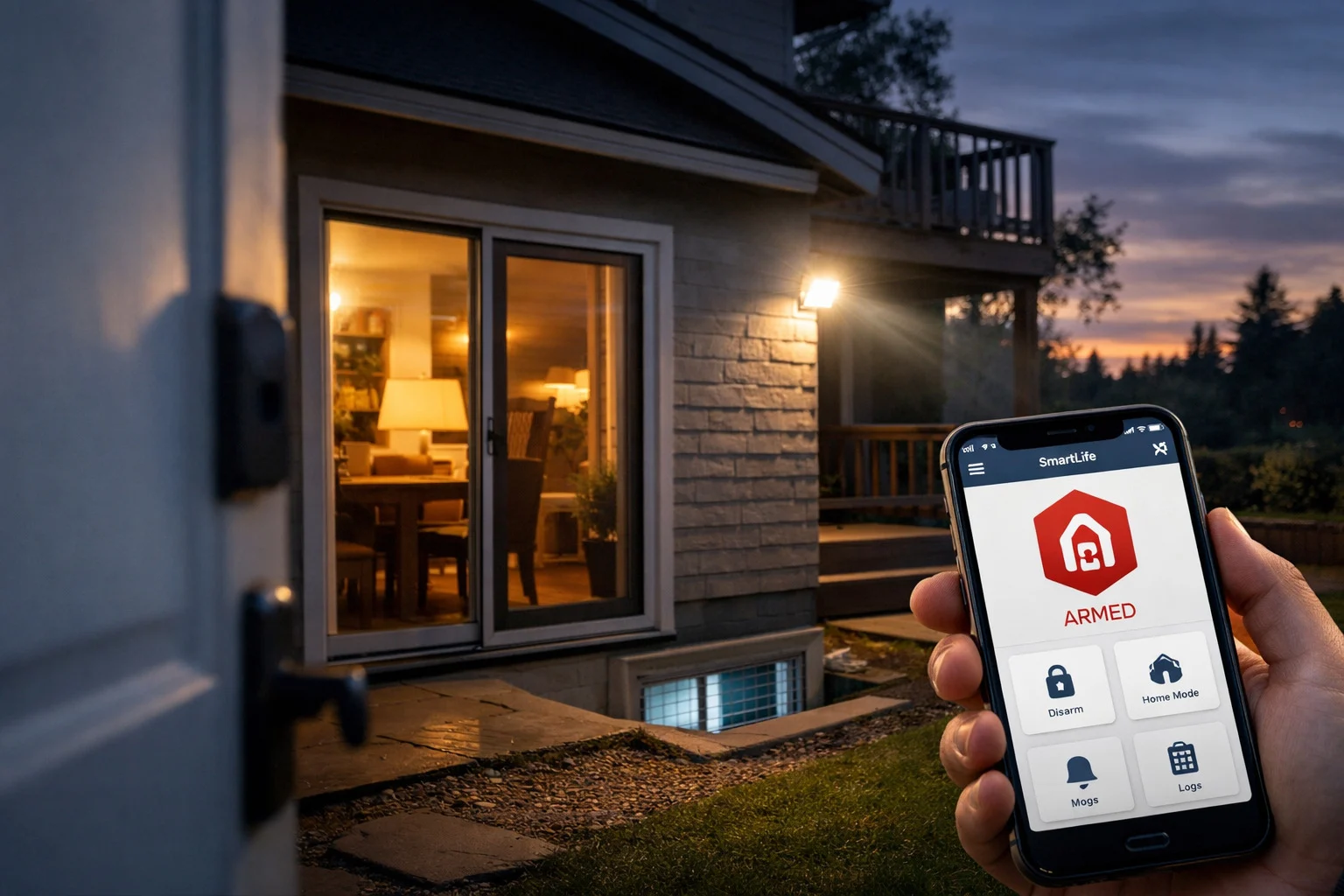 billedet viser et dansk hjem og smartphone app styring med Homealarm