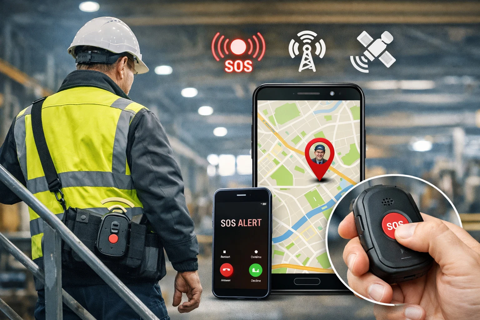 billedet viser lone worker alarm på arbejdsplads