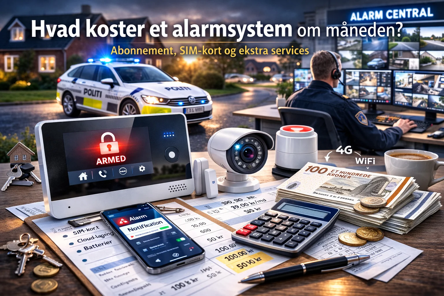 billedet viser alarmsystem og tilbehør med spørgsmålet hvad koster et alarmsystem om måneden