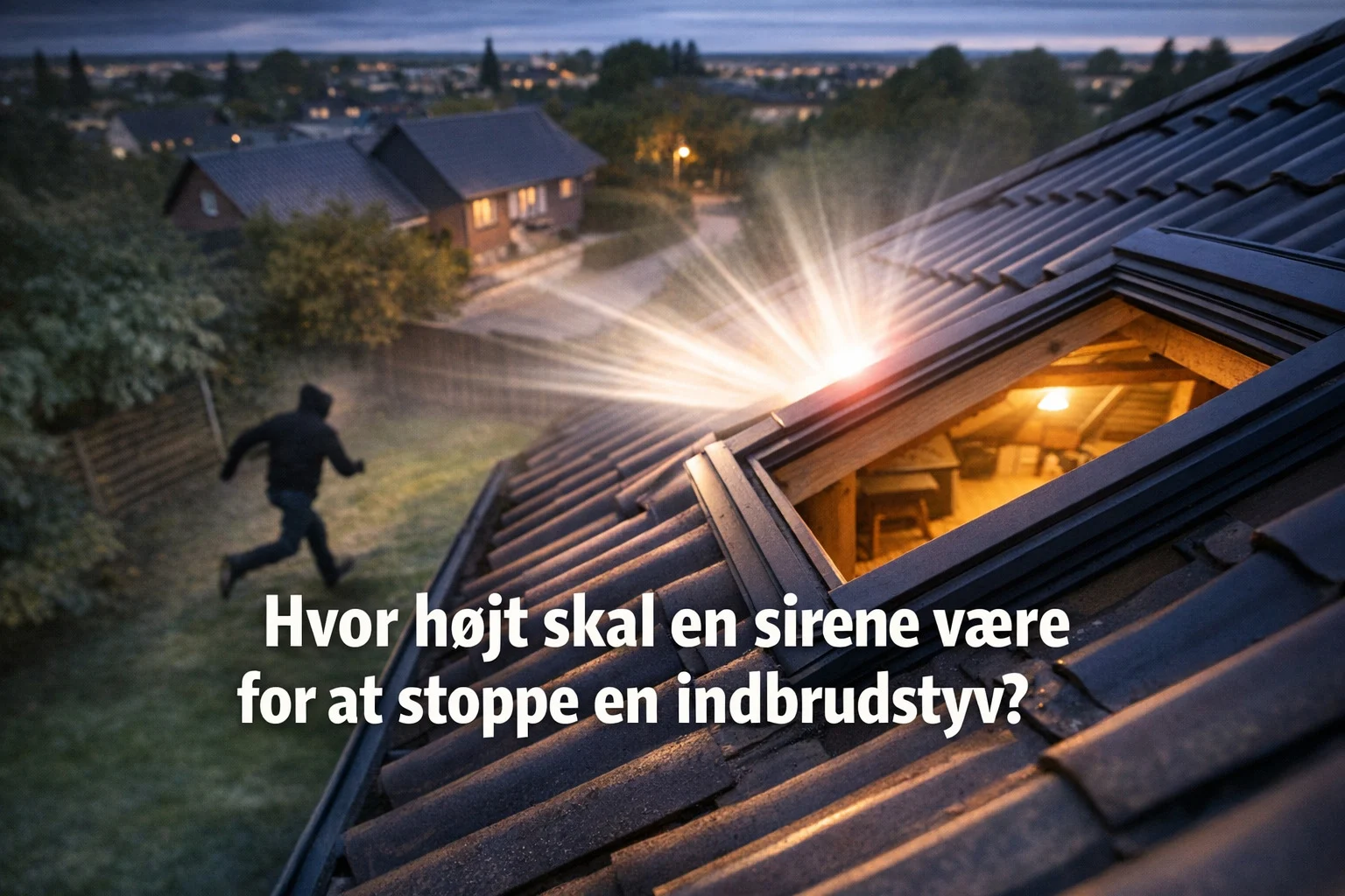 billedet viser et hus og en indbrudstyv på vej ind i huset hvor der er højt sirene lydniveau