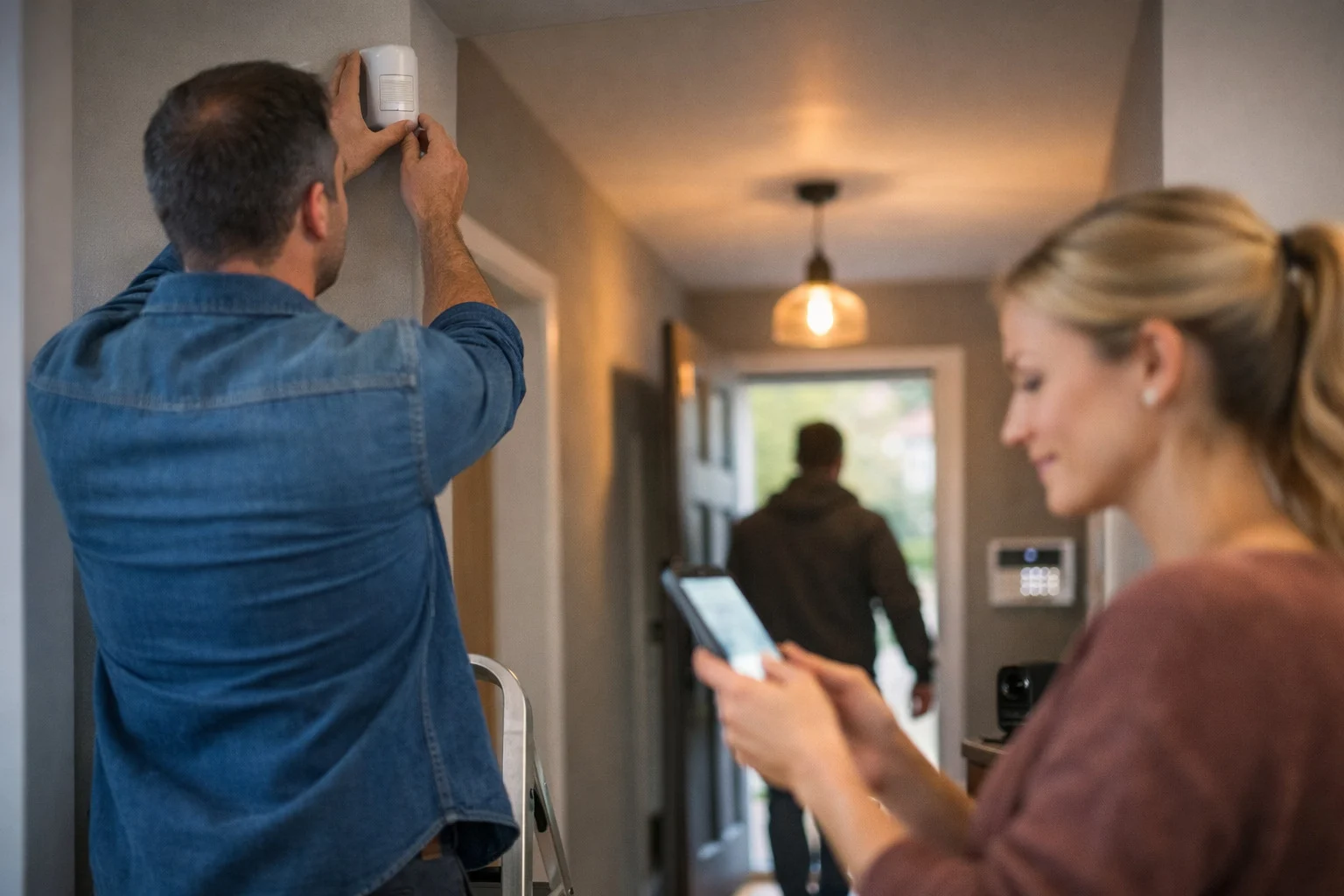 billedet viser et par i gang med at forbinde en bevægelsessensor og omhandler spørgsmålet Hvordan forbindes en bevægelsessensor