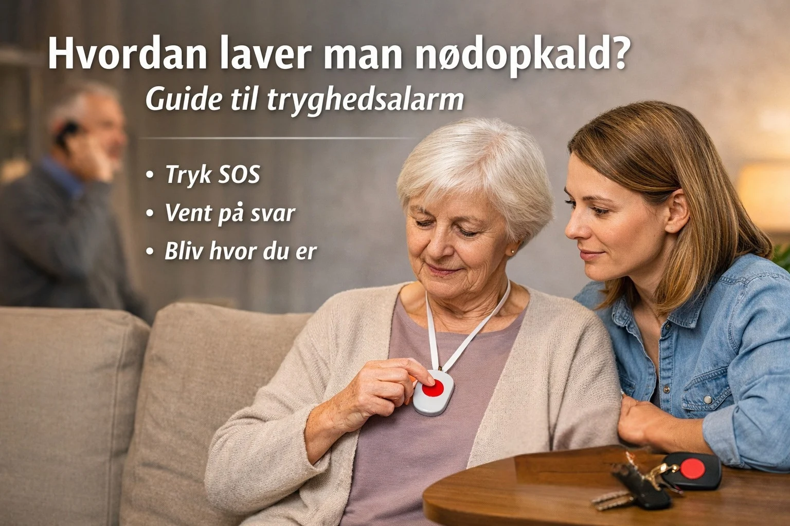 billedet viser en ældre dame med tryghedsalarm og omhandler Hvordan laver man nødopkald
