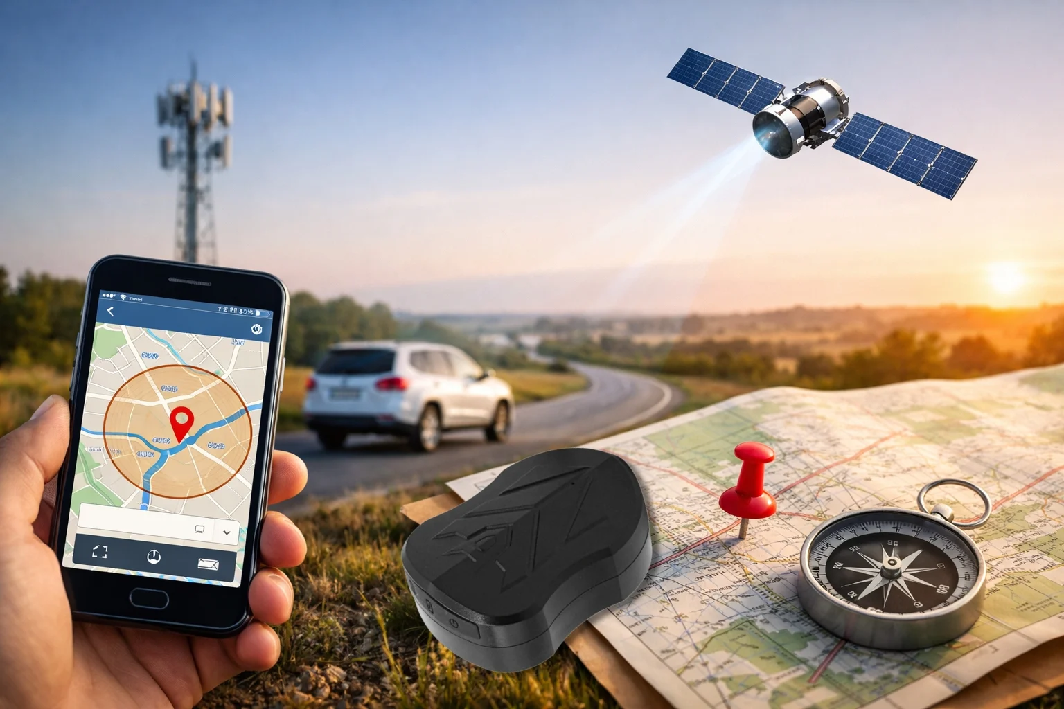 billedet viser en bil på vejen en satellit en smartphone og et kort og omhandler spørgsmålet Hvordan sporer man en GPS-tracker