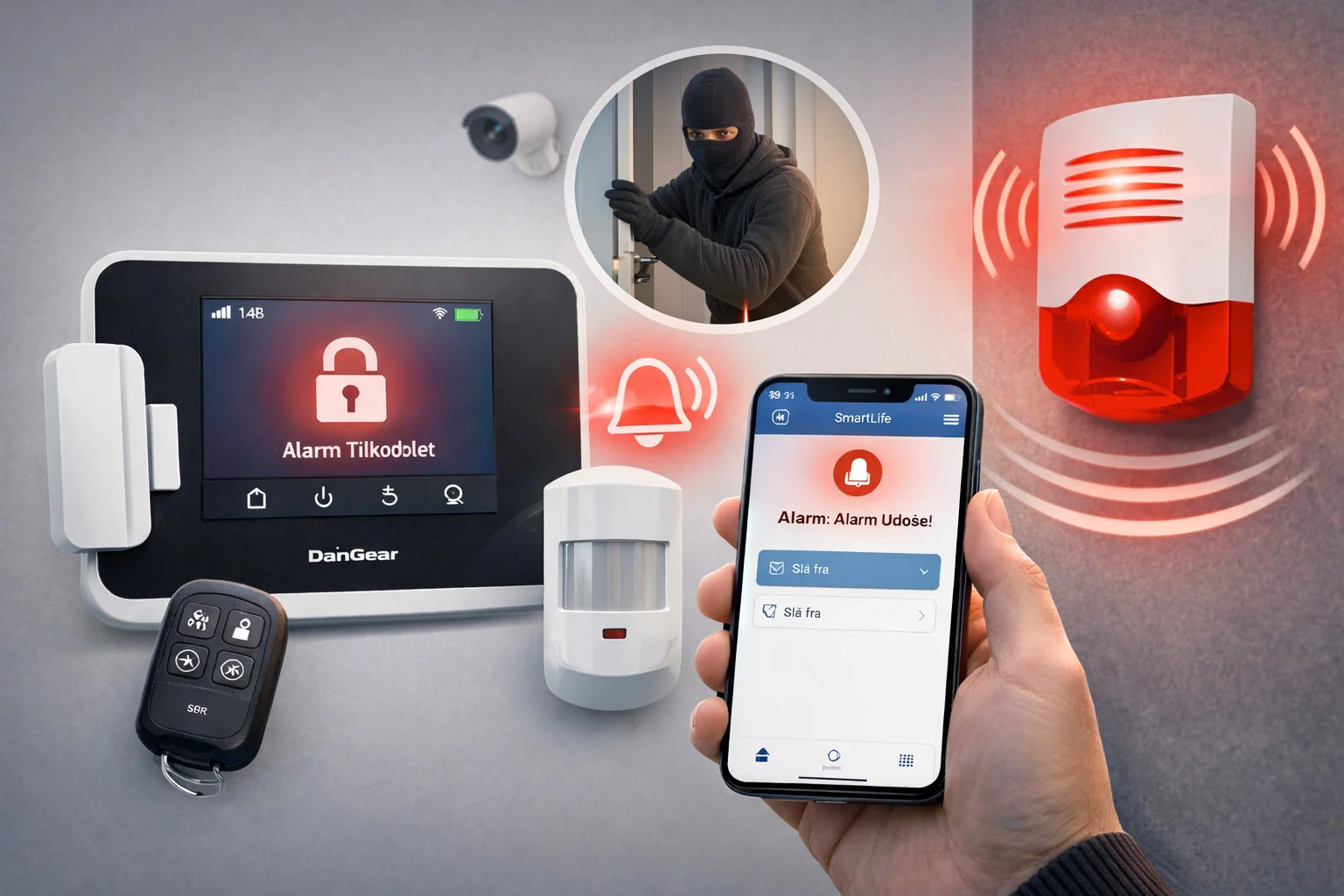 billedet viser alarmsystem indbrudstyv og alarmsystem app og omhandler spørgsmålet Hvordan virker en tyverialarm