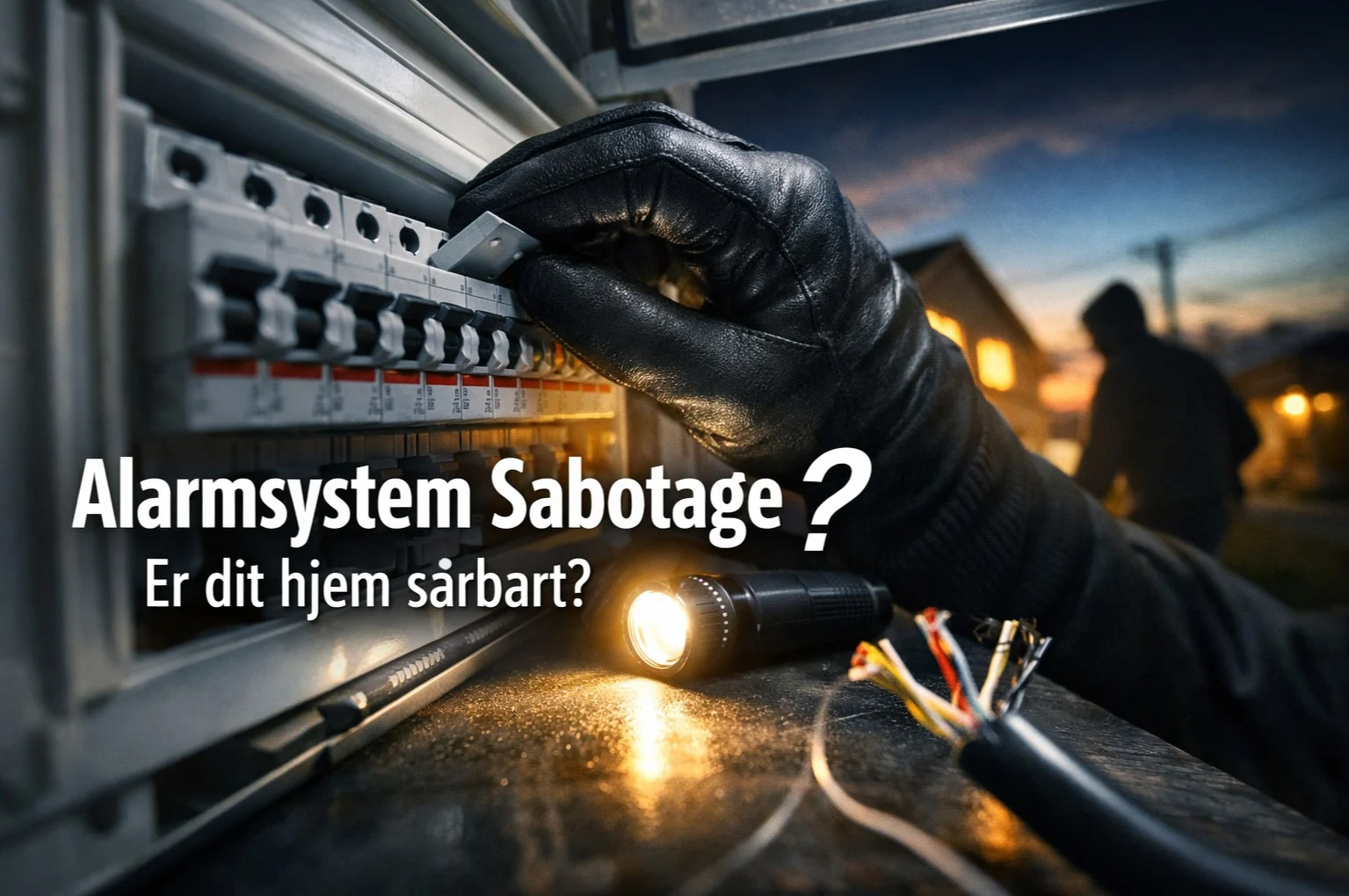 billedet viser en indbrudstyv i gang med alarmsystem sabotage