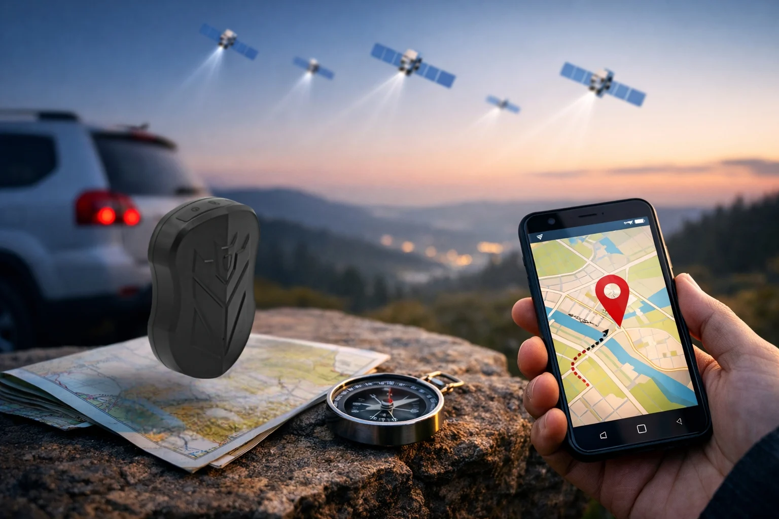 billedet viser en bil med gps tracker og smartphone og omhandler GPS uden data