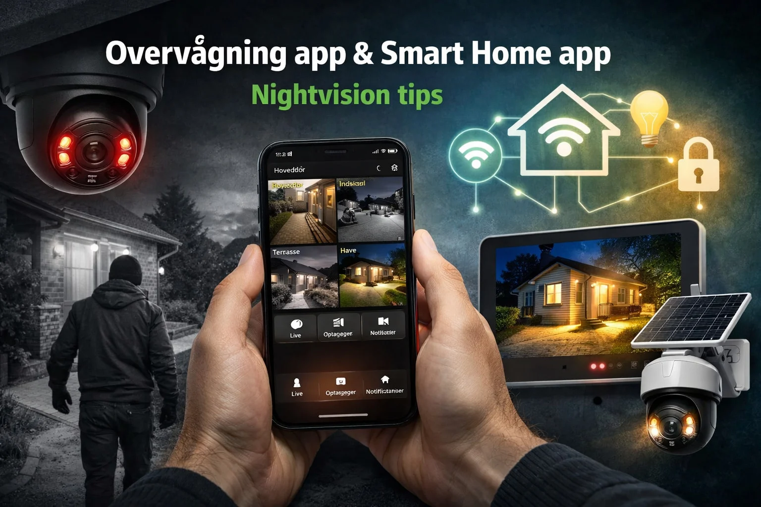 billedet viser smartphone overvågning med kameraer og omhandler overvågning app