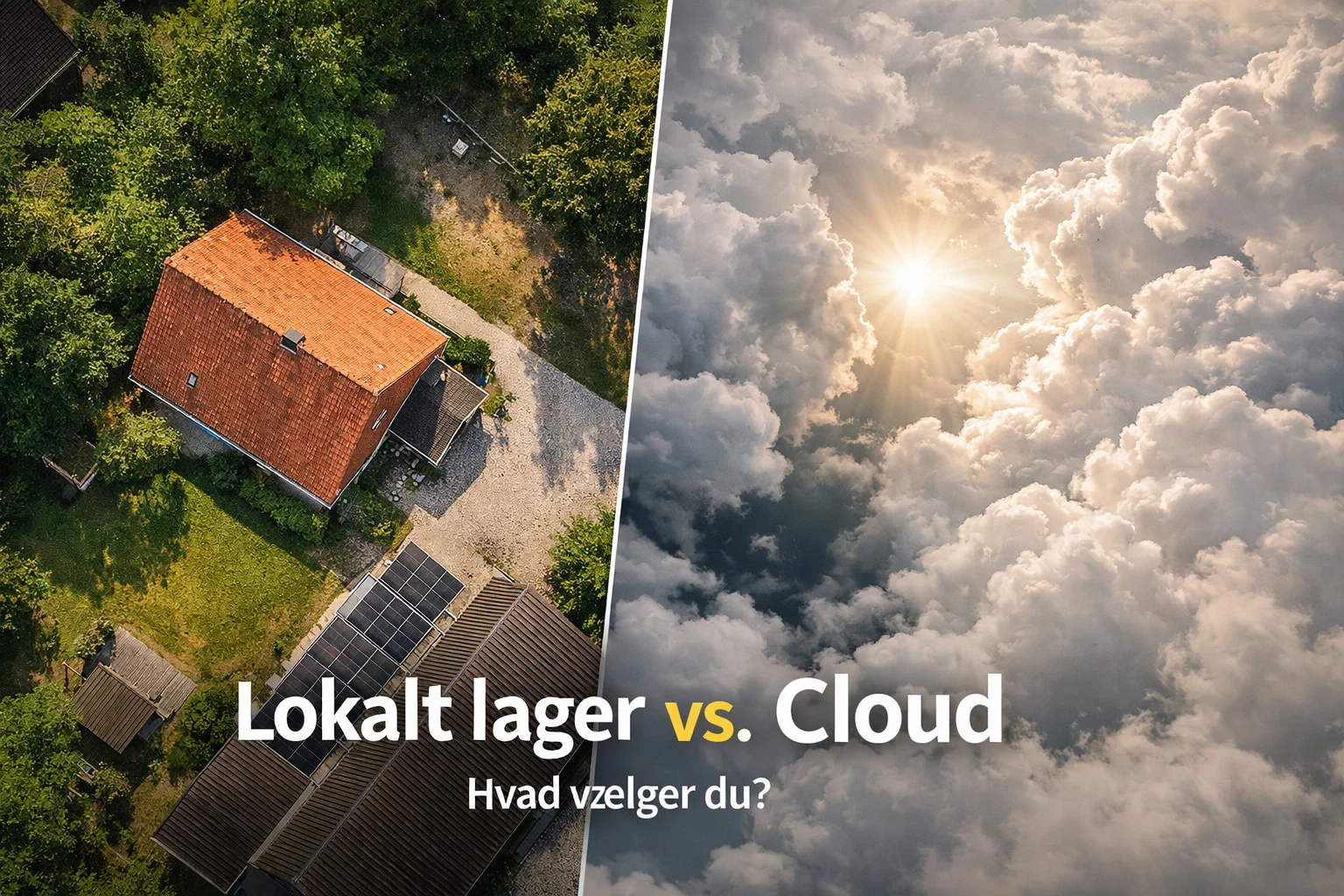 billledet viser et hus set fra oven og skyer der omhandler Kamera optagelse med lokal lagring vs cloud lagring